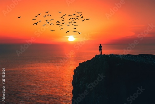 Silhouette of Person at Cliff Edge Against Stunning Sunset with Birds
