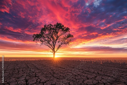 Solitary Tree Against Vibrant Sunset Sky Over Cracked Earth Landscape