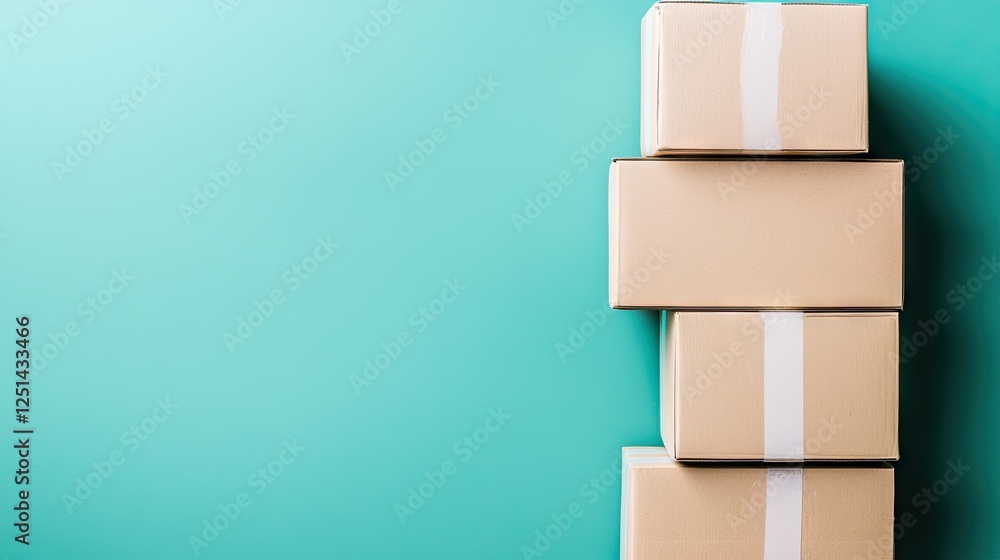 Stacked cardboard boxes against teal background. Possible use for shipping or packaging Stacked cardboard boxes against teal background. Possible use for shipping or packaging