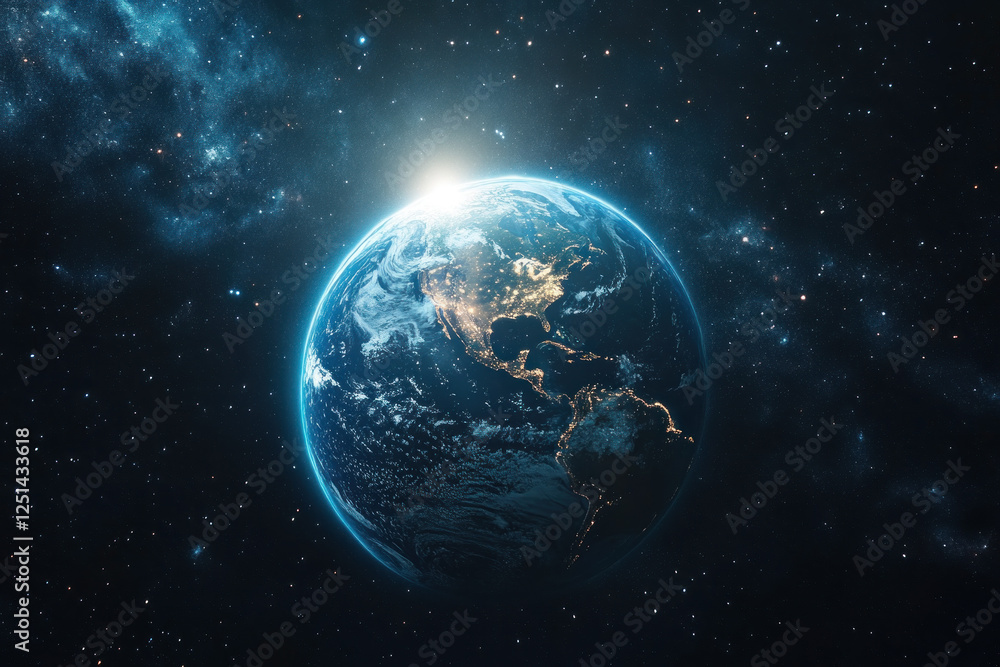Obraz premium Earth suspended in space, surrounded by stars and shimmering nebulas, showcasing the beauty of the universe in a mesmerizing cosmic display.