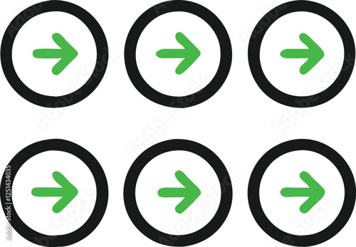 Minimalist icon design, right-pointing green arrows, circular black outlines, white background, symmetrical arrangement, directional symbols, simple graphic elements, clean aesthetic, user interface b