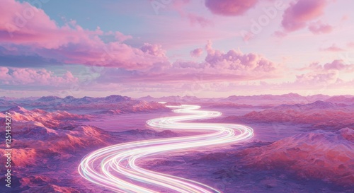 Serene Dreamscape:  A winding road, bathed in ethereal light, weaves through a mystical landscape with a soft, pink-hued sky and fluffy clouds, inviting the viewer to imagine the possibilities ahead.