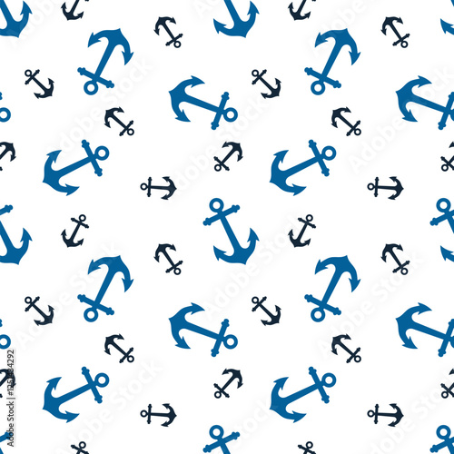 Seamless nautical pattern with blue and black anchors on white Background