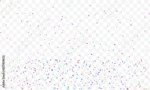 Multicolored tinsel confetti Vector background. Fashionable gold and Multicolored falling magic stars and tinsel on white and transparent background. Celebration carnival ribbons, holiday, birthday.