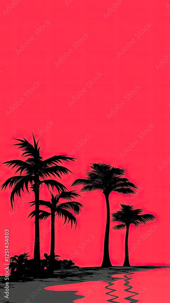 Obraz premium Tropical palm trees silhouette against vibrant pink sunset