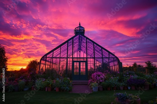 Vibrant Sunset Over Beautiful Glass Greenhouse Surrounded by Flowers
