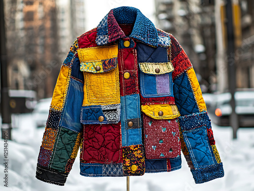 Colorful patchwork winter jacket with denim elements and multiple pockets photographed outdoors in snowy forest setting