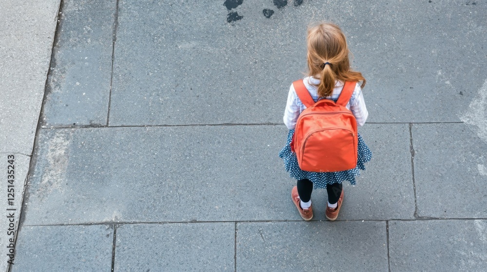 Fototapeta premium On the sidewalk. Schoolgirl with backpack is outdoors