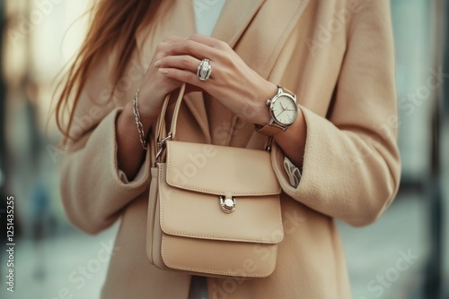 Elegant Woman Holding Stylish Handbag and Wearing Fashion Accessories photo