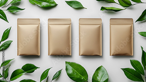 Kraft paper pouch set with green leaf arranged on white background natural organic eco friendly