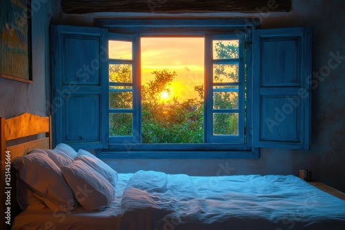 Cozy Bedroom with Stunning Sunset View Through Blue Shuttered Window