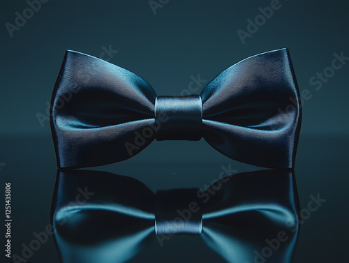 Black silk bow tie with reflection on dark glossy surface creating moody and elegant atmosphere