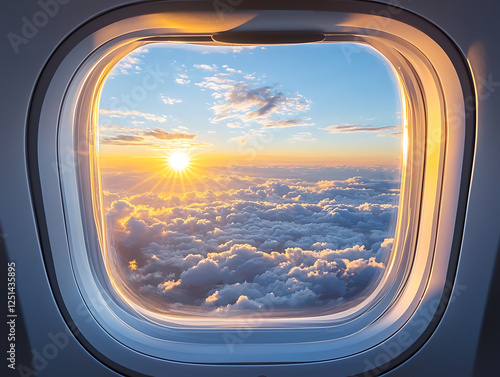 Airplane window view during sunset above white fluffy clouds with golden sunlight and blue sky horizon scenery