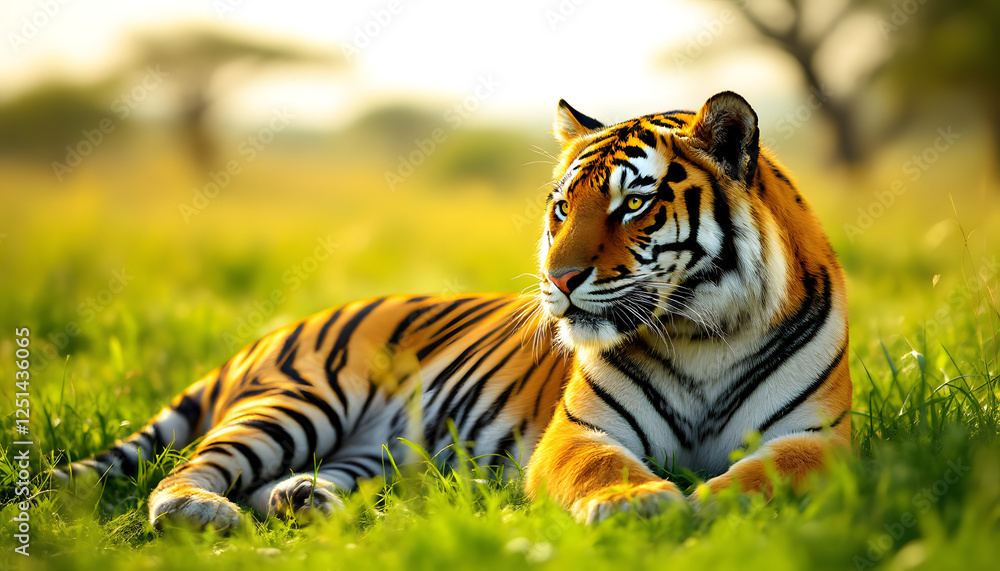 Obraz premium Tiger Resting on Green Grass