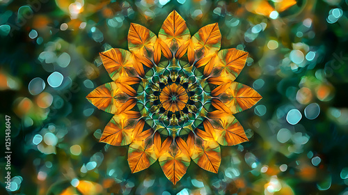 Kaleidoscope floral mandala pattern with orange petals and teal center glows against blurred bokeh background