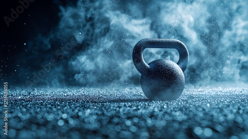 Kettlebell workout equipment on gym floor with dramatic smoke effect and moody dark atmosphere create sport concept