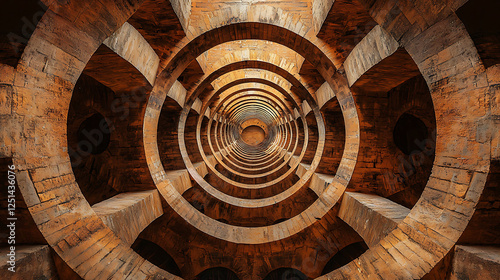 Kaleidoscope tunnel architecture geometric abstract circle brown pattern spiral design hypnotic