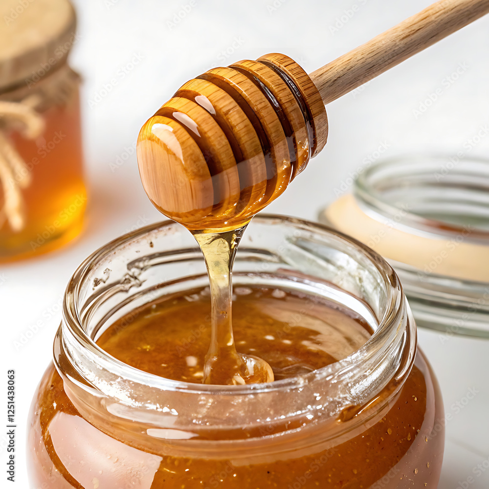 jar of honey with wooden dipper, From above glistening organic honey flowing from a wooden dipper into a glass jar set against a neutral background. the warm golden tones and sticky texture jar of honey with wooden dipper, From above glistening organic honey flowing from a wooden dipper into a glass jar set against a neutral background. the warm golden tones and sticky texture