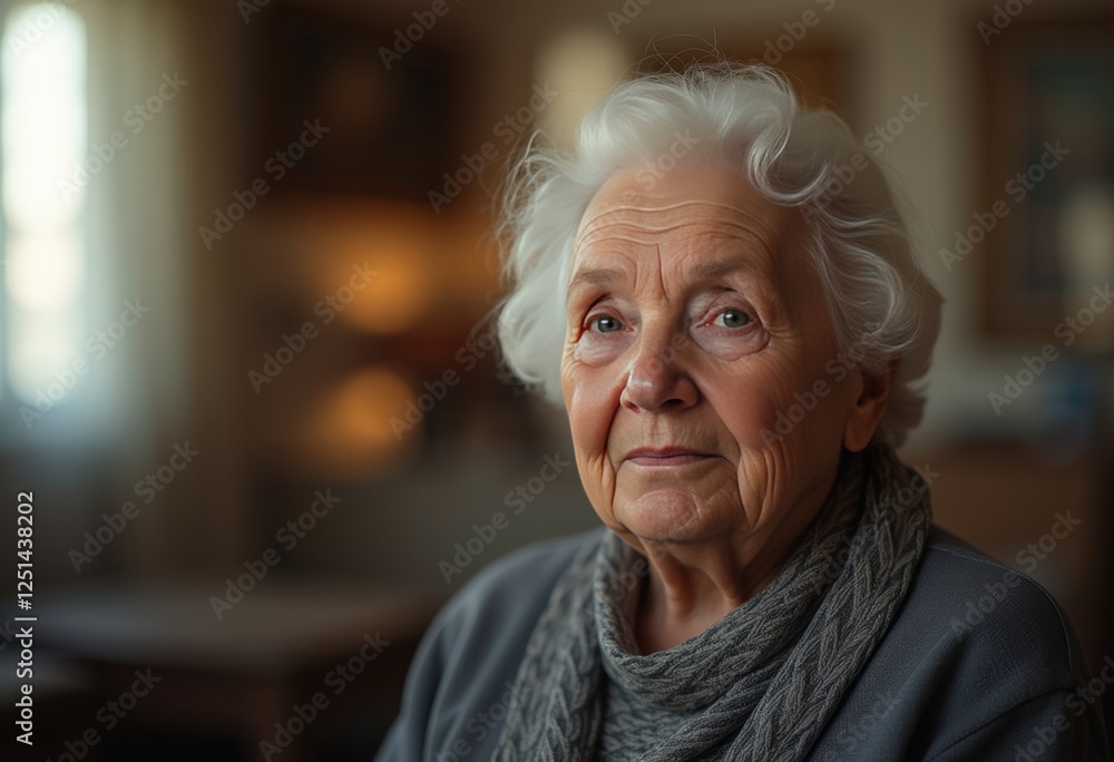 Elderly person with white hair wearing a grey cable-knit scarf and a grey top, seated in a warmly lit indoor setting with blurred furniture and framed pictures in the background Elderly person with white hair wearing a grey cable-knit scarf and a grey top, seated in a warmly lit indoor setting with blurred furniture and framed pictures in the background