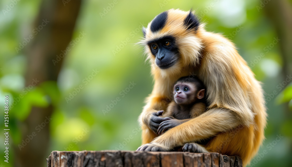 Tender Golden Gibbon Embracing Its Young on a Wooden Stump in Lush Green Habitat Tender Golden Gibbon Embracing Its Young on a Wooden Stump in Lush Green Habitat