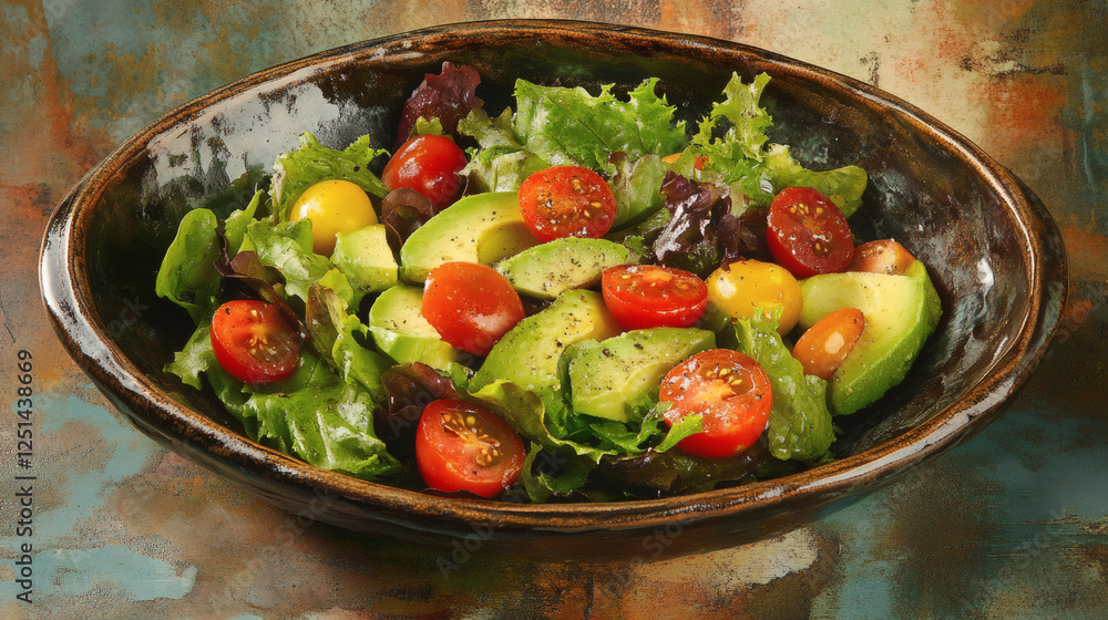 Fresh and Nutritious Salad with Avocado, Cherry Tomatoes, and Mixed Greens in a Stylish Ceramic Bowl Fresh and Nutritious Salad with Avocado, Cherry Tomatoes, and Mixed Greens in a Stylish Ceramic Bowl