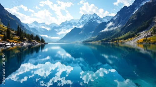 Wallpaper Mural Pristine alpine lake reflecting majestic mountains and bright sky. Nature concept Torontodigital.ca