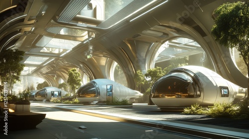 Fototapeta Naklejka Na Ścianę i Meble -  A futuristic space station with three white spaceships parked in a row