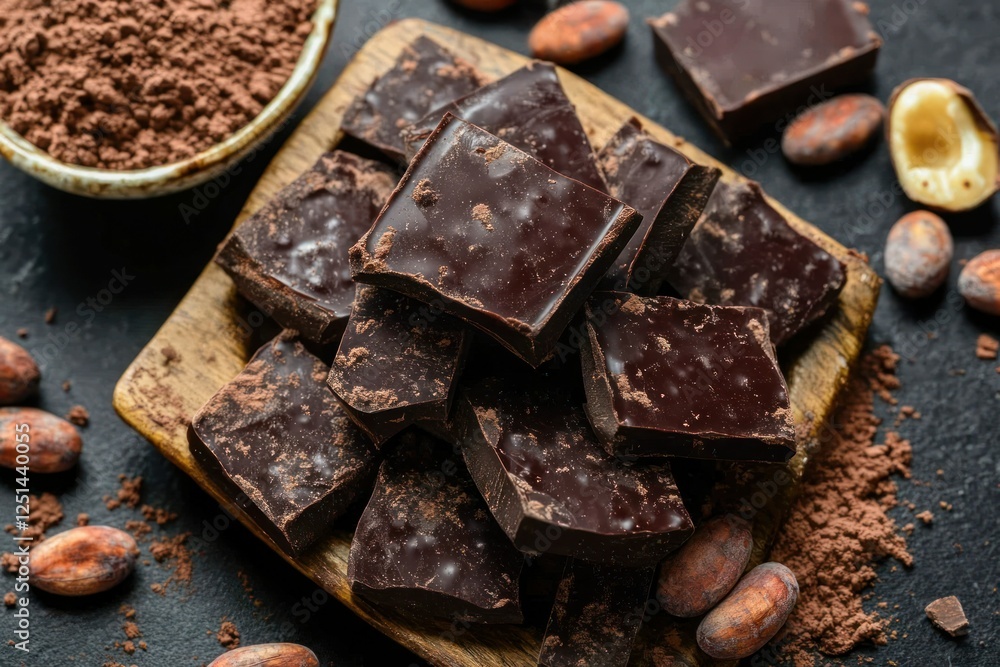 Dark Chocolate Squares with Cocoa Powder and Cocoa Beans on Surface Dark Chocolate Squares with Cocoa Powder and Cocoa Beans on Surface