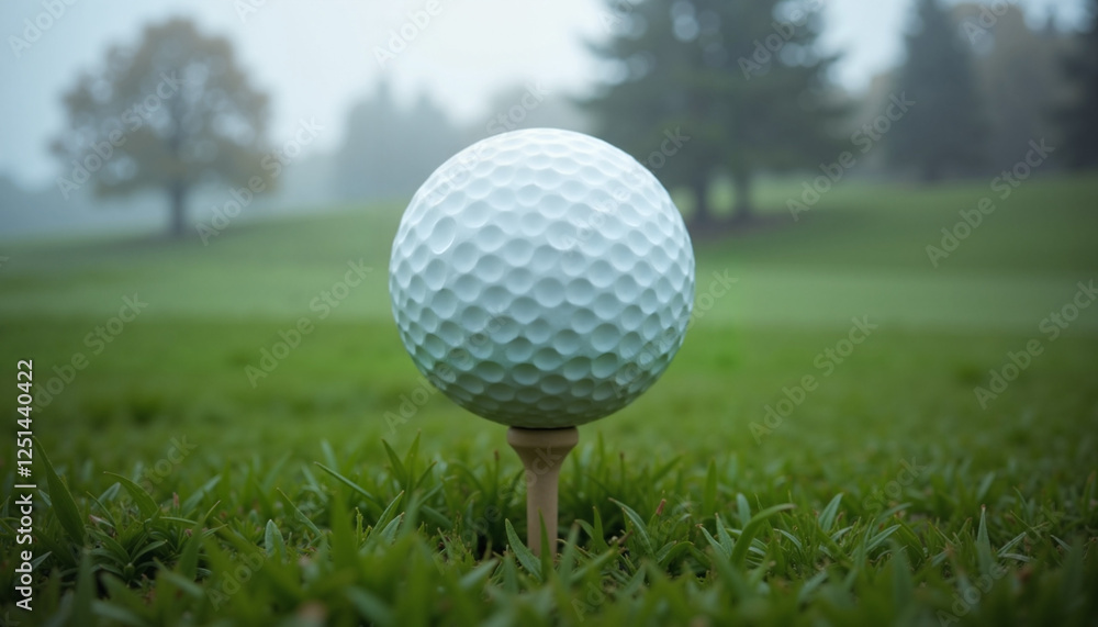 Golf ball on tee in misty green field Golf ball on tee in misty green field
