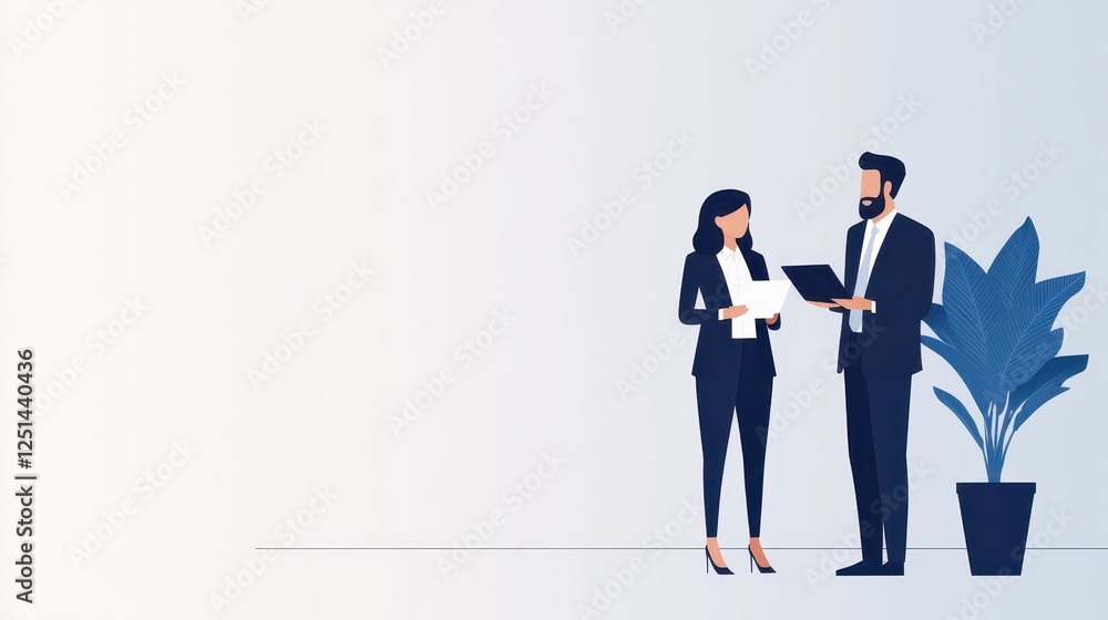 Two business professionals engage in a conversation about project details while standing in a sleek office space with a potted plant nearby Two business professionals engage in a conversation about project details while standing in a sleek office space with a potted plant nearby