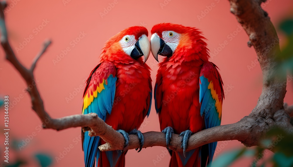 Obraz premium Two Vibrant Scarlet Macaws Perched Closely on a Branch Together