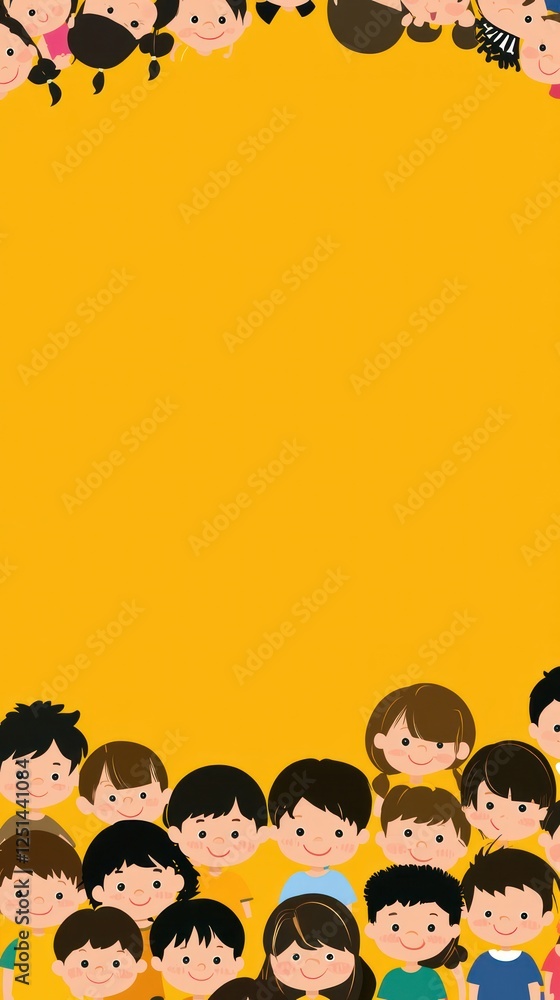 Children's faces border on yellow background. Possible use Educational poster Children's faces border on yellow background. Possible use Educational poster