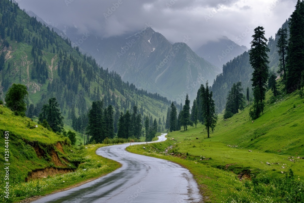 Fototapeta premium Serene Mountain Road Surrounded by Lush Green Pine Forest
