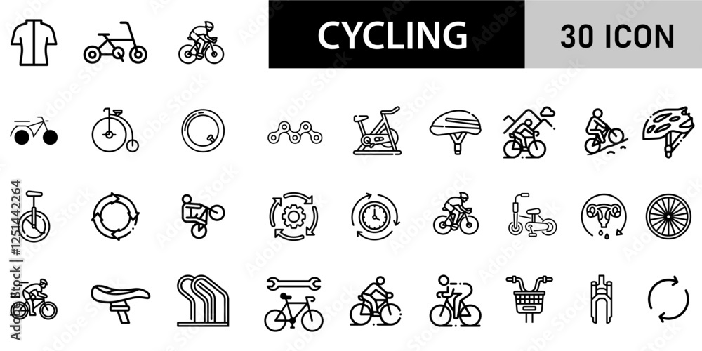 Naklejka premium Minimalist Cycling Icon Pack | 30 Outline Vector Icons, Editable stroke. 