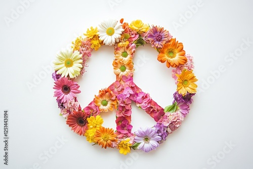 Colorful Flower Arrangement in Peace Symbol on White Background