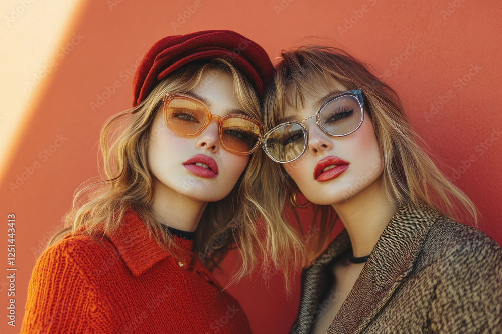Obraz premium Two women in glasses and hats, laughing and holding shopping bags, walking down a bustling city street lined with colorful shops and cafes.