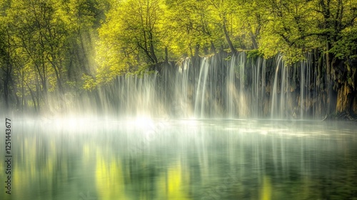 Serene Waterfall Cascading into Tranquil Lake Nature Scene Lush Greenery Peaceful Environment Aerial View Relaxation Concept
