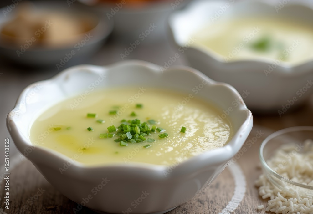 Creamy potato leek soup garnished with fresh chopped green chives in a white bowl, showcasing the velvety texture and inviting presentation perfect for culinary and comfort food content Creamy potato leek soup garnished with fresh chopped green chives in a white bowl, showcasing the velvety texture and inviting presentation perfect for culinary and comfort food content