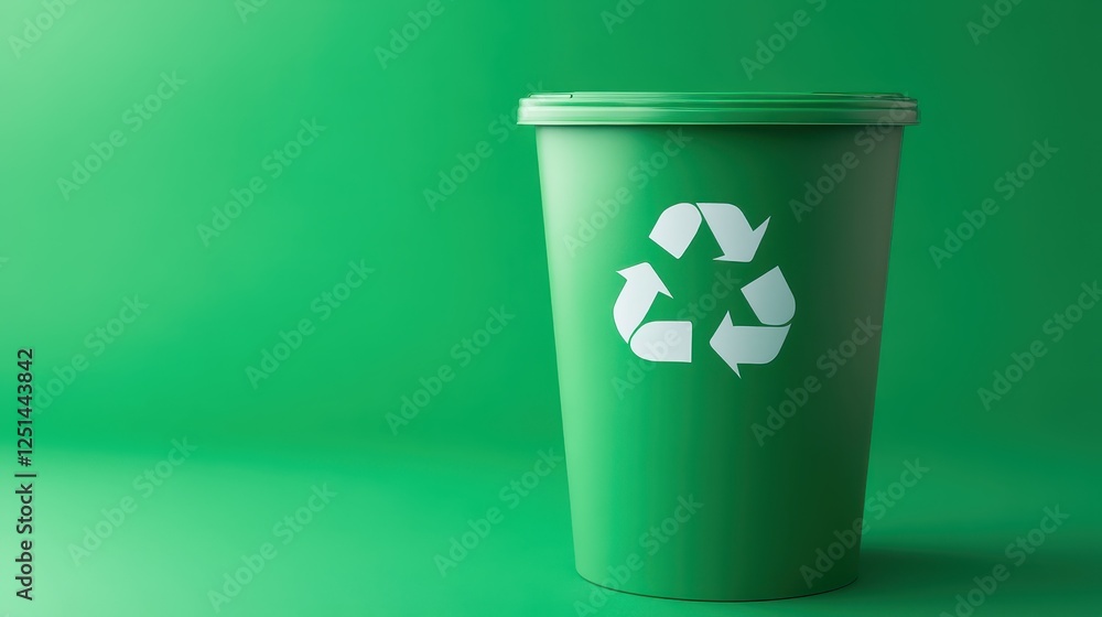A green recycling bin displays the recycling symbol against a bright green backdrop. This emphasizes sustainable waste disposal efforts and environmental awareness A green recycling bin displays the recycling symbol against a bright green backdrop. This emphasizes sustainable waste disposal efforts and environmental awareness
