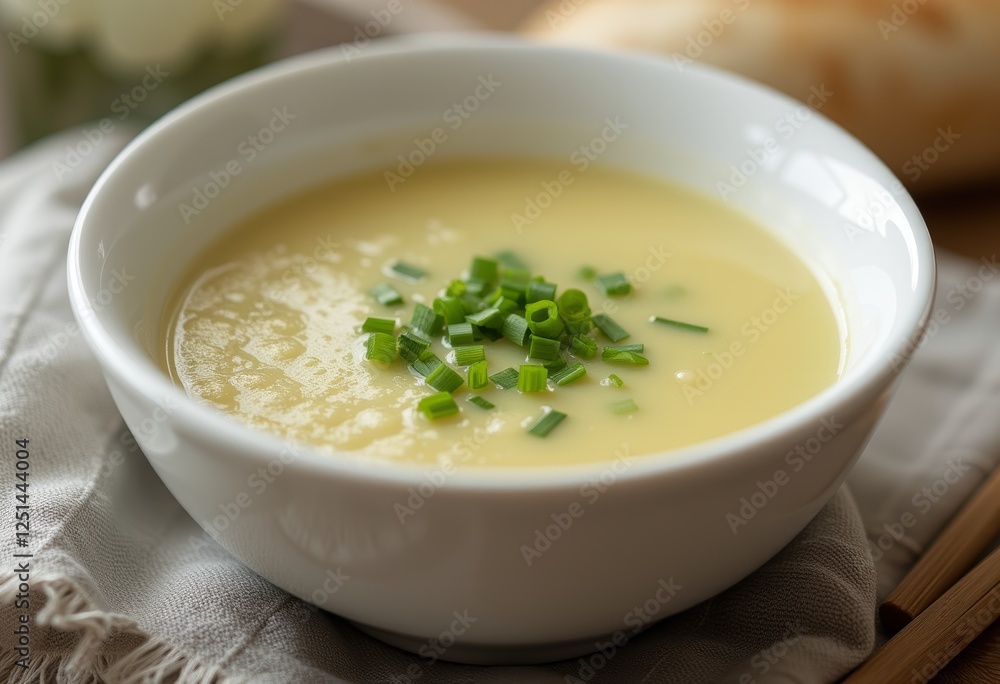 Creamy potato leek soup garnished with fresh chopped green chives in a white bowl, showcasing the velvety texture and inviting presentation perfect for culinary and comfort food content Creamy potato leek soup garnished with fresh chopped green chives in a white bowl, showcasing the velvety texture and inviting presentation perfect for culinary and comfort food content
