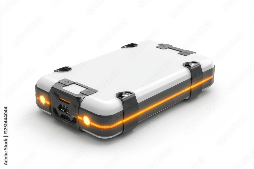Futuristic white and gray electronic device with glowing orange accents Futuristic white and gray electronic device with glowing orange accents