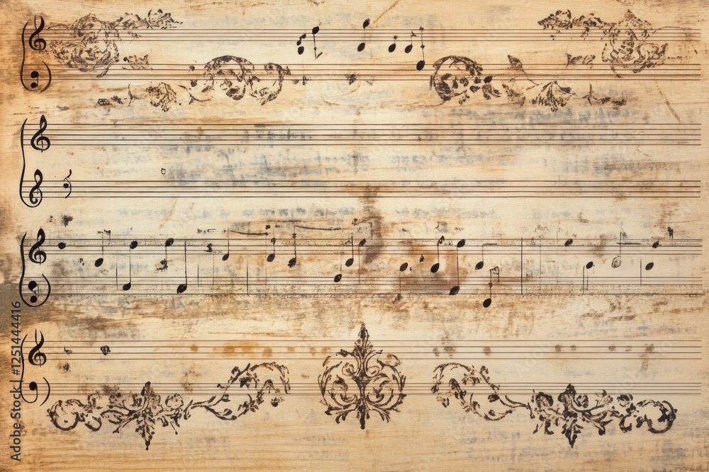 Fototapeta premium Vintage Sheet Music Background with Decorative Floral Elements