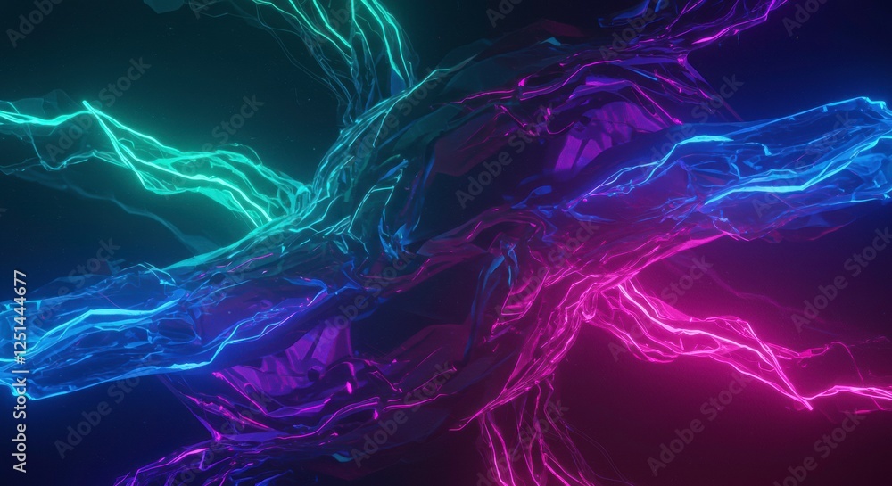 Obraz premium Neon Abstract: Glowing, vibrant, abstract forms in teal, purple, and pink neon lights, creating a mesmerizing, futuristic and dynamic visual experience.