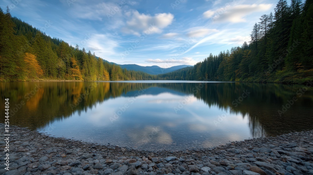 Fototapeta premium A tranquil lake surrounded by lush green trees and gentle hills showcases stunning reflections of the sky. This peaceful location evokes a sense of calmness and beauty