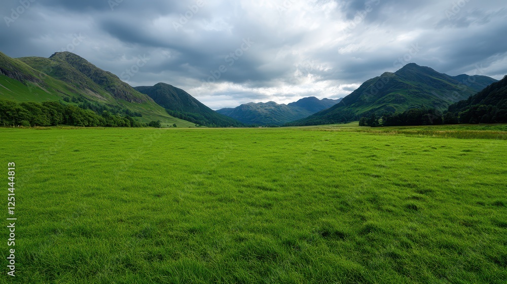Lush green grass covers a wide valley, framed by towering mountains under a dramatic sky filled with clouds. The natural beauty of the Lake District captivates viewers Lush green grass covers a wide valley, framed by towering mountains under a dramatic sky filled with clouds. The natural beauty of the Lake District captivates viewers