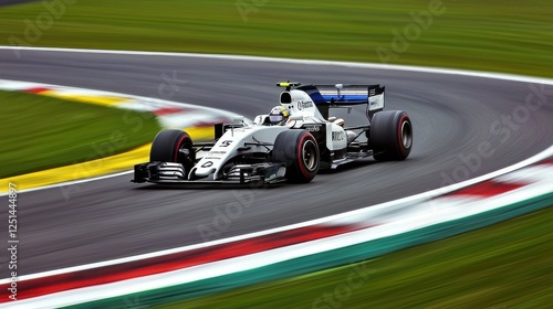 A race car is speeding around a track