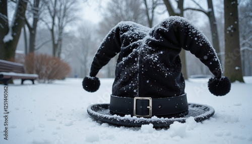 Snow-covered jester hat with black belt in winter park, April Fool’s Day