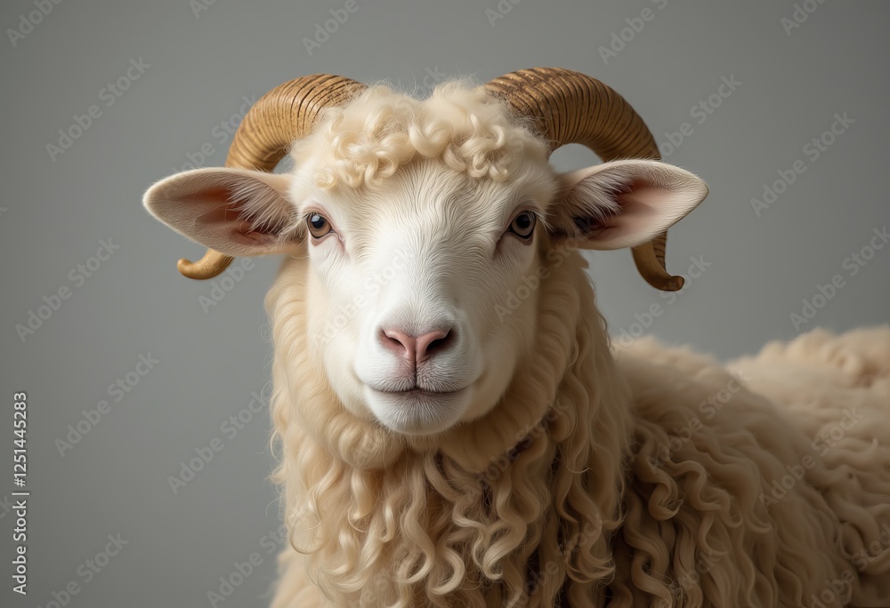 Close-up of a sheep with white curly fleece and prominent curved horns set against a blurred background, highlighting the unique texture and features of the sheep's face and horns Close-up of a sheep with white curly fleece and prominent curved horns set against a blurred background, highlighting the unique texture and features of the sheep's face and horns
