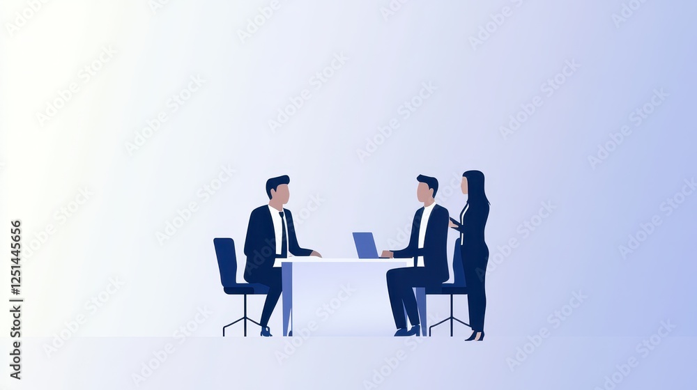 In a contemporary office, two men and a woman engage in a business meeting. One man is working on a laptop while the other listens attentively. The woman stands nearby, taking notes In a contemporary office, two men and a woman engage in a business meeting. One man is working on a laptop while the other listens attentively. The woman stands nearby, taking notes
