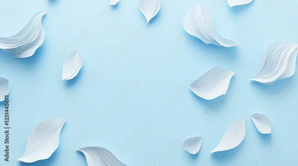Light Blue Background With Floating Paper Leaves Light Blue Background With Floating Paper Leaves